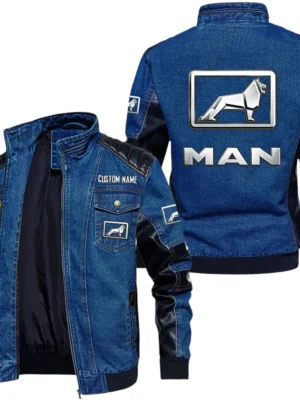 Vintage MAN Truck Denim Jacket Sleeve PU Leather, Stand Collar Multi Pockets Custom Name TN140325Y34J91BLMAN