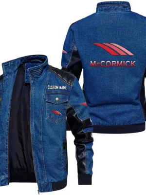 Vintage McCormick Denim Jacket Sleeve PU Leather, Stand Collar Multi Pockets Custom Name TN140325Y34J91BLMCC