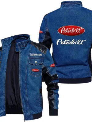 Vintage Peterbilt Denim Jacket Sleeve PU Leather, Stand Collar Multi Pockets Custom Name TN140325Y34J91BLPET