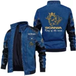 Vintage Scania V8 Denim Jacket Sleeve PU Leather, Stand Collar Multi Pockets Custom Name TN140325Y34J91BLSCA