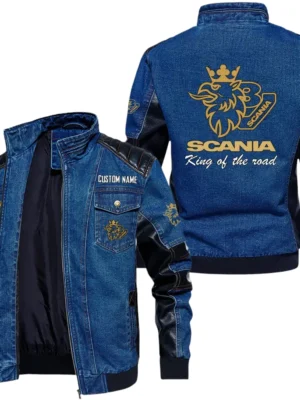 Vintage Scania V8 Denim Jacket Sleeve PU Leather, Stand Collar Multi Pockets Custom Name TN140325Y34J91BLSCA