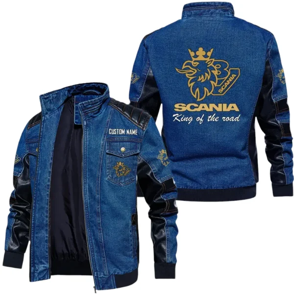Vintage Scania V8 Denim Jacket Sleeve PU Leather, Stand Collar Multi Pockets Custom Name TN140325Y34J91BLSCA