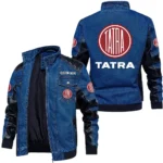 Vintage Tatra Denim Jacket Sleeve PU Leather, Stand Collar Multi Pockets Custom Name TN140325Y34J91BLTAT