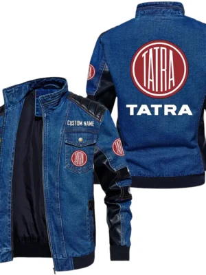 Vintage Tatra Denim Jacket Sleeve PU Leather, Stand Collar Multi Pockets Custom Name TN140325Y34J91BLTAT