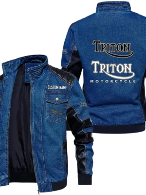 Vintage Triton Denim Jacket Sleeve PU Leather, Stand Collar Multi Pockets Custom Name TN140325Y34J91BLTTN