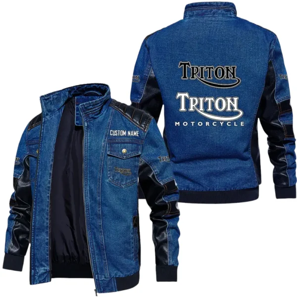 Vintage Triton Denim Jacket Sleeve PU Leather, Stand Collar Multi Pockets Custom Name TN140325Y34J91BLTTN