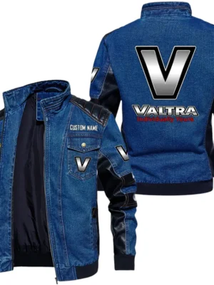 Vintage Valtra Denim Jacket Sleeve PU Leather, Stand Collar Multi Pockets Custom Name TN140325Y34J91BLVAT
