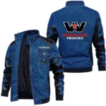 Vintage Western Star Trucks Denim Jacket Sleeve PU Leather, Stand Collar Multi Pockets Custom Name TN140325Y34J91BLWST