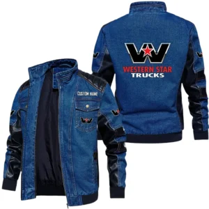 Vintage Western Star Trucks Denim Jacket Sleeve PU Leather, Stand Collar Multi Pockets Custom Name TN140325Y34J91BLWST
