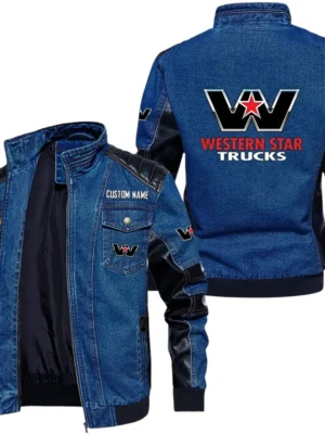 Vintage Western Star Trucks Denim Jacket Sleeve PU Leather, Stand Collar Multi Pockets Custom Name TN140325Y34J91BLWST