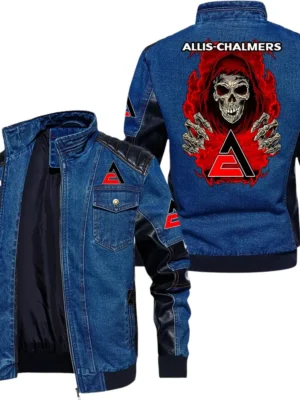Vintage Allis Chalmers Denim Jacket Sleeve PU Leather, Stand Collar Multi Pockets Custom Name TN150325Y34J91BLCT1ALC