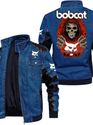 Vintage Bobcat Denim Jacket Sleeve PU Leather, Stand Collar Multi Pockets Custom TN150325Y34J91BLCT1BOC