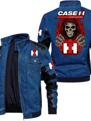Vintage Case IH Denim Jacket Sleeve PU Leather, Stand Collar Multi Pockets Custom TN150325Y34J91BLCT1CIH