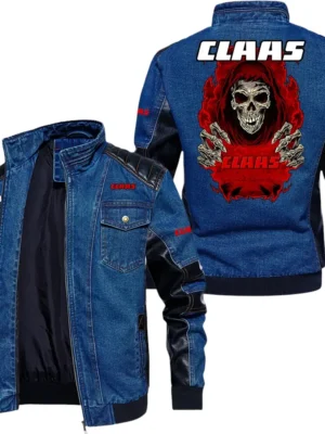 Vintage CLAAS Denim Jacket Sleeve PU Leather, Stand Collar Multi Pockets Custom TN150325Y34J91BLCT1CLA