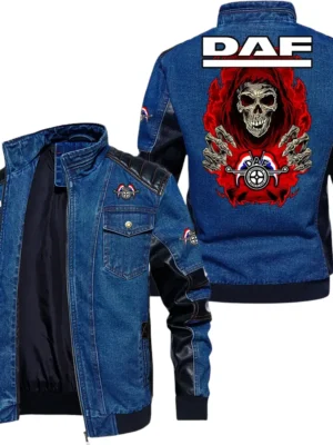 Vintage DAF Denim Jacket Sleeve PU Leather, Stand Collar Multi Pockets Custom Name TN150325Y34J91BLCT1DAF
