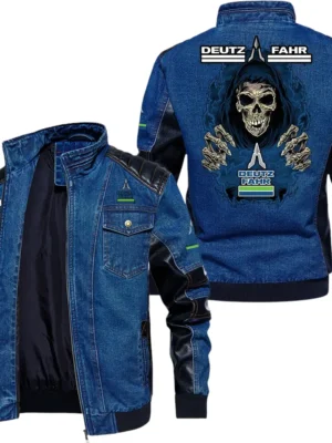 Vintage Deutz Fahr Denim Jacket Sleeve PU Leather, Stand Collar Multi Pockets Custom Name TN150325Y34J91BLCT1DEF