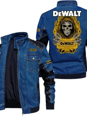 Vintage DeWalt Denim Jacket Sleeve PU Leather, Stand Collar Multi Pockets Custom Name TN150325Y34J91BLCT1DEW