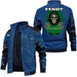 Vintage Fendt Denim Jacket Sleeve PU Leather, Stand Collar Multi Pockets Custom Name TN150325Y34J91BLCT1FEN