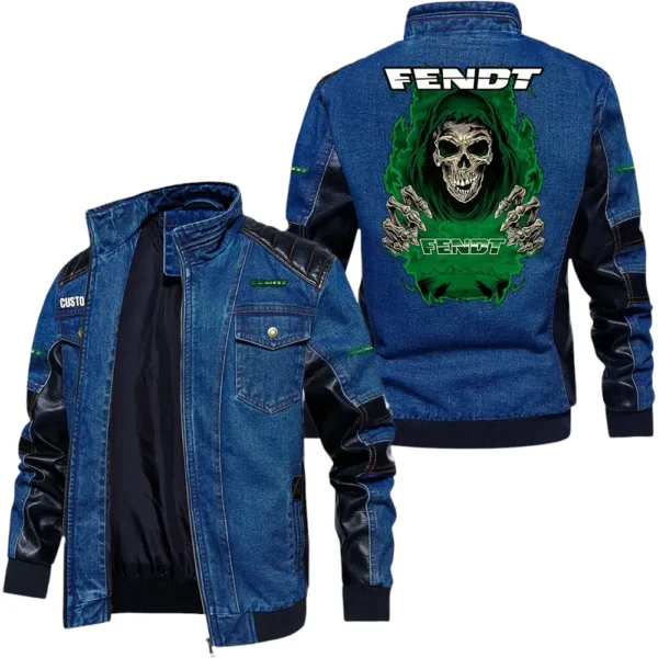 Vintage Fendt Denim Jacket Sleeve PU Leather, Stand Collar Multi Pockets Custom Name TN150325Y34J91BLCT1FEN