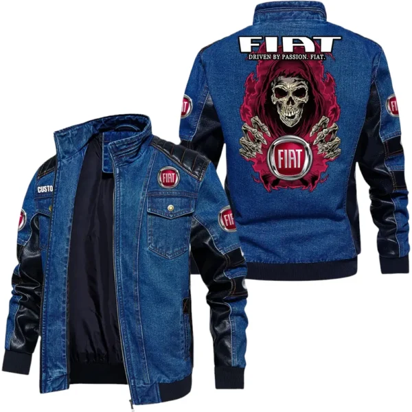 Vintage Fiat Denim Jacket Sleeve PU Leather, Stand Collar Multi Pockets Custom Name TN150325Y34J91BLCT1FIA