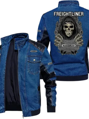 Vintage Freightliner Denim Jacket Sleeve PU Leather, Stand Collar Multi Pockets Custom Name TN150325Y34J91BLCT1FRE