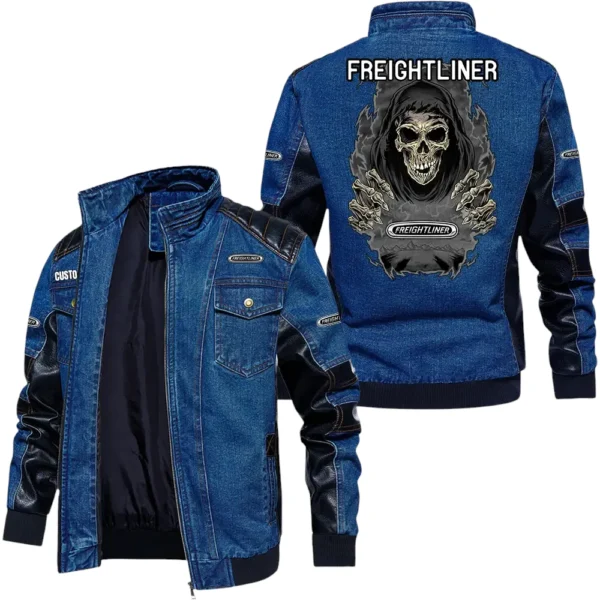 Vintage Freightliner Denim Jacket Sleeve PU Leather, Stand Collar Multi Pockets Custom Name TN150325Y34J91BLCT1FRE
