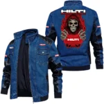Vintage Hilti Denim Jacket Sleeve PU Leather, Stand Collar Multi Pockets Custom Name TN150325Y34J91BLCT1HIL