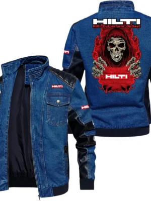 Vintage Hilti Denim Jacket Sleeve PU Leather, Stand Collar Multi Pockets Custom Name TN150325Y34J91BLCT1HIL