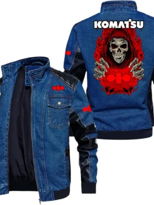 Vintage Komatsu Denim Jacket Sleeve PU Leather, Stand Collar Multi Pockets Custom Name TN150325Y34J91BLCT1KOA
