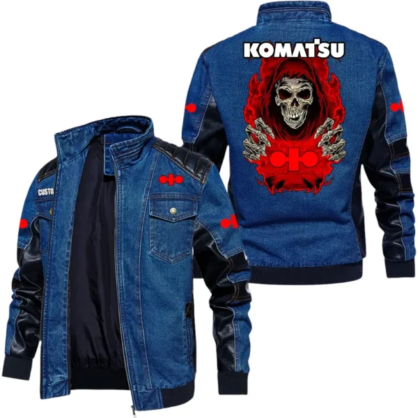 Vintage Komatsu Denim Jacket Sleeve PU Leather, Stand Collar Multi Pockets Custom Name TN150325Y34J91BLCT1KOA
