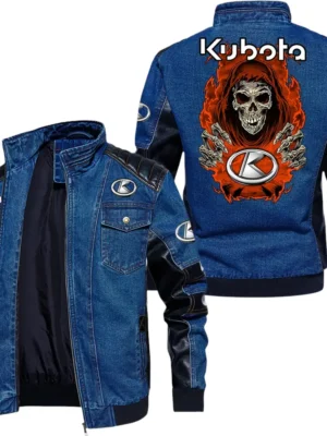 Vintage Kubota Denim Jacket Sleeve PU Leather, Stand Collar Multi Pockets Custom Name TN150325Y34J91BLCT1KUB