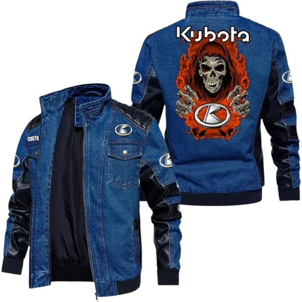 Vintage Kubota Denim Jacket Sleeve PU Leather, Stand Collar Multi Pockets Custom Name TN150325Y34J91BLCT1KUB