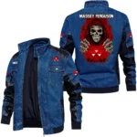 Vintage Massey Ferguson Denim Jacket Sleeve PU Leather, Stand Collar Multi Pockets Custom Name TN150325Y34J91BLCT1MAF