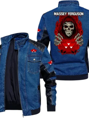Vintage Massey Ferguson Denim Jacket Sleeve PU Leather, Stand Collar Multi Pockets Custom Name TN150325Y34J91BLCT1MAF