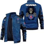 Vintage Scania Denim Jacket Sleeve PU Leather, Stand Collar Multi Pockets Custom Name TN150325Y34J91BLCT1SCA