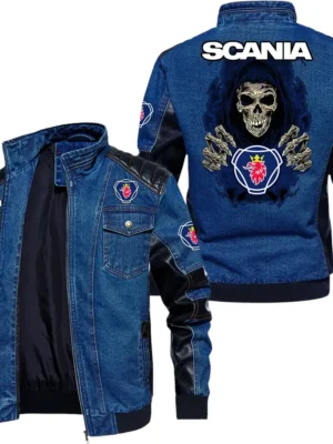 Vintage Scania Denim Jacket Sleeve PU Leather, Stand Collar Multi Pockets Custom Name TN150325Y34J91BLCT1SCA