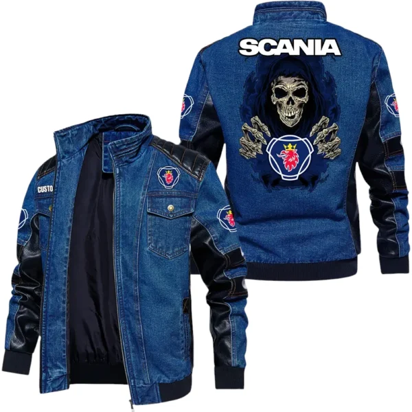 Vintage Scania Denim Jacket Sleeve PU Leather, Stand Collar Multi Pockets Custom Name TN150325Y34J91BLCT1SCA