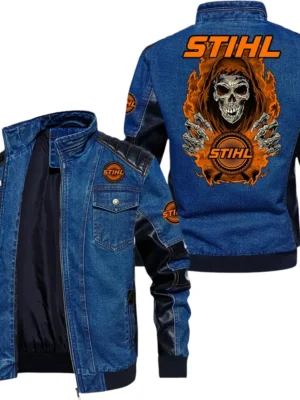Vintage Stihl Denim Jacket Sleeve PU Leather, Stand Collar Multi Pockets Custom Name TN150325Y34J91BLCT1STL