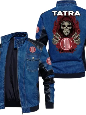 Vintage Tatra Denim Jacket Sleeve PU Leather, Stand Collar Multi Pockets Custom Name TN150325Y34J91BLCT1TAT
