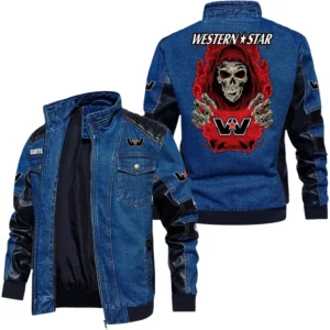 Vintage Western Star Trucks Denim Jacket Sleeve PU Leather, Stand Collar Multi Pockets Custom Name TN150325Y34J91BLCT1WST