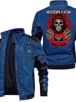 Vintage Western Star Trucks Denim Jacket Sleeve PU Leather, Stand Collar Multi Pockets Custom Name TN150325Y34J91BLCT1WST
