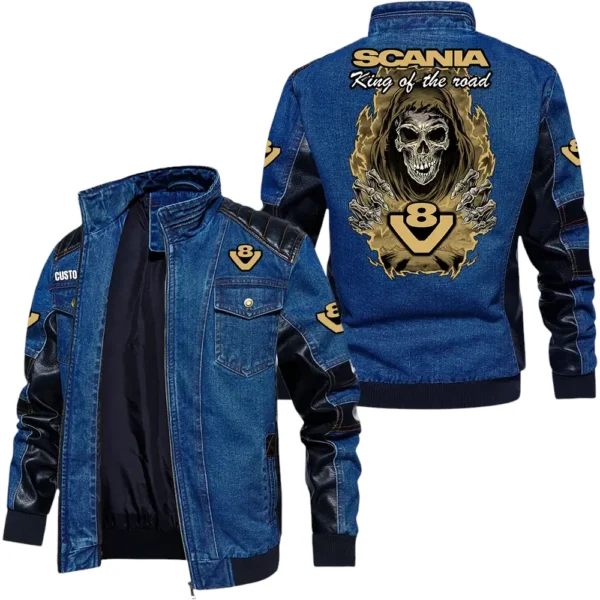Vintage Scania V8 Denim Jacket Sleeve PU Leather, Stand Collar Multi Pockets Custom Name TN150325Y34J91BLCT2SCA