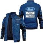 Vintage Ford Trucks Denim Jacket Sleeve PU Leather, Stand Collar Multi Pockets Custom Name TN150325Y34J91BLCT2FOT