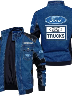 Vintage Ford Trucks Denim Jacket Sleeve PU Leather, Stand Collar Multi Pockets Custom Name TN150325Y34J91BLCT2FOT