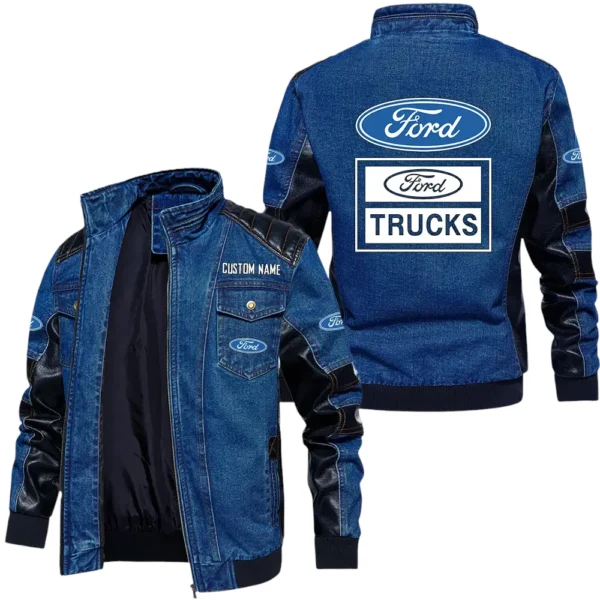 Vintage Ford Trucks Denim Jacket Sleeve PU Leather, Stand Collar Multi Pockets Custom Name TN150325Y34J91BLCT2FOT