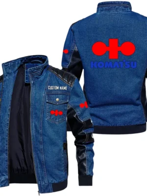 Vintage Komatsu Denim Jacket Sleeve PU Leather, Stand Collar Multi Pockets Custom Name TN150325Y34J91BLCT2KOA