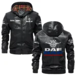 DAF Trucks Exclusive Logo Hooded Jacket PU Leather x Durable Windproof Warm Soft Checkered Lining, Custom Name HG260325Y47JHLCT1DAF