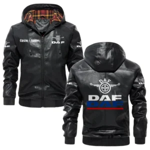 DAF Trucks Exclusive Logo Hooded Jacket PU Leather x Durable Windproof Warm Soft Checkered Lining, Custom Name HG260325Y47JHLCT1DAF