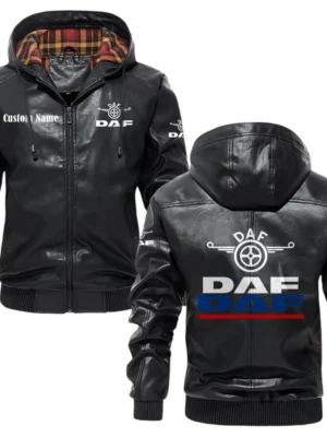 DAF Trucks Exclusive Logo Hooded Jacket PU Leather x Durable Windproof Warm Soft Checkered Lining, Custom Name HG260325Y47JHLCT1DAF
