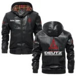 Deutz Exclusive Logo Hooded Jacket PU Leather x Durable Windproof Warm Soft Checkered Lining, Custom Name HG260325Y47JHLCT1DEU